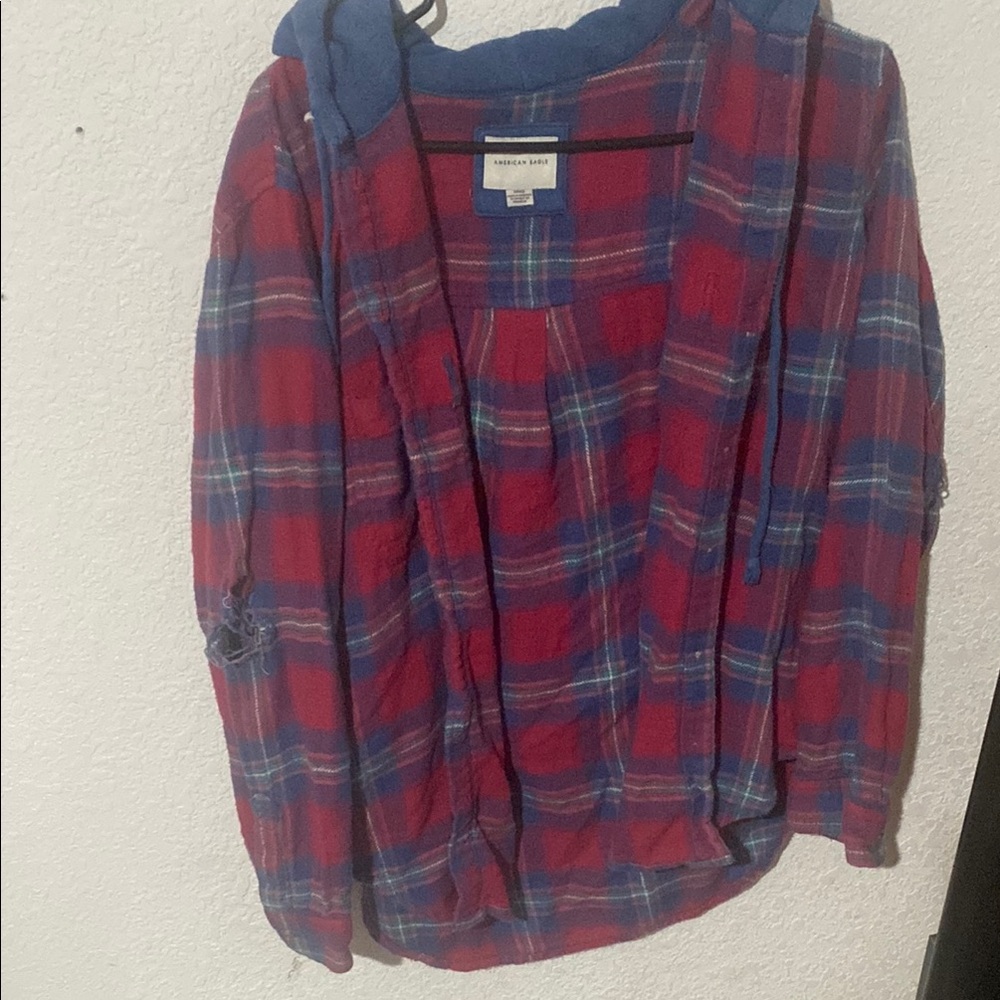 Red and Blue Plaid flannel with hoodie